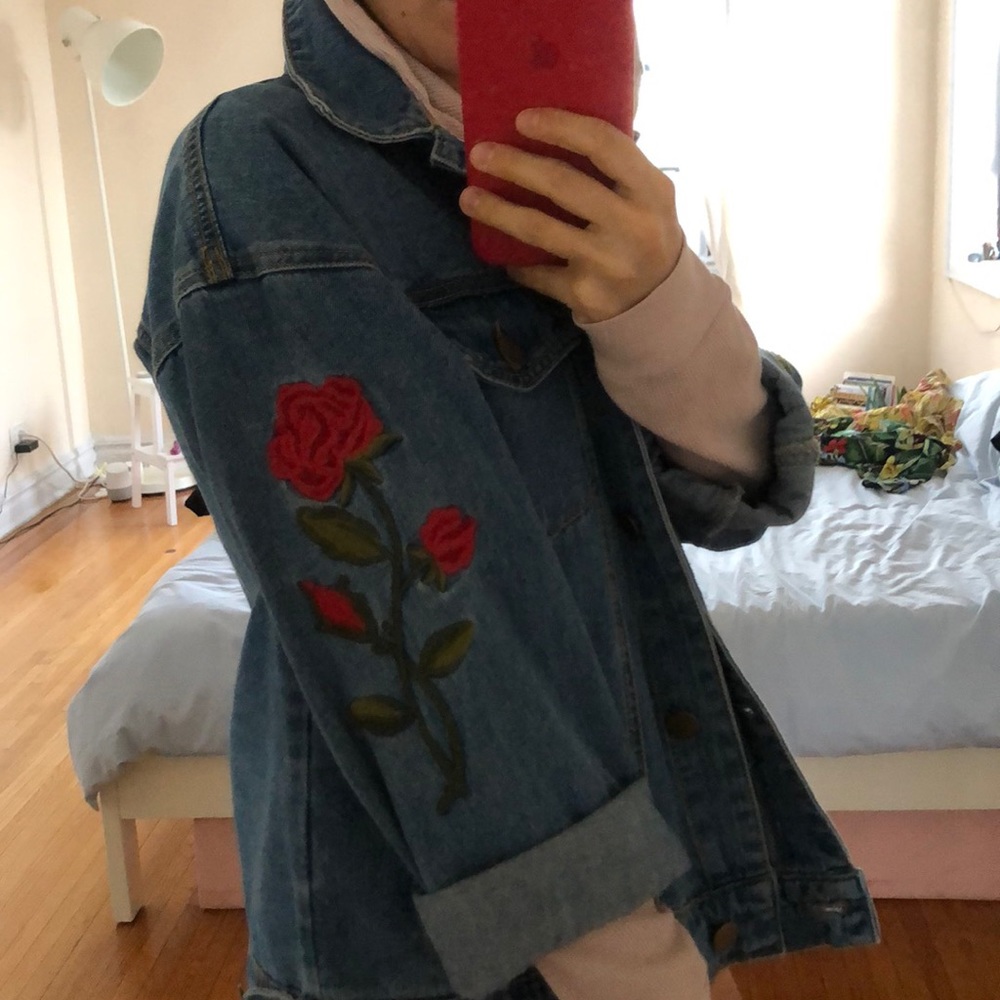 Forever 21 Embroidered Rose Jean Jacket